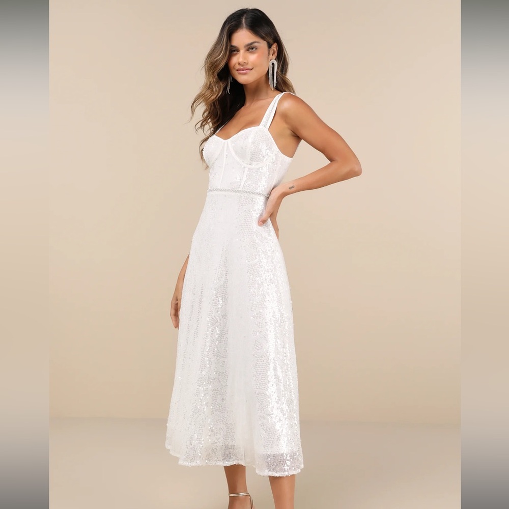 Lulus Exceptionally Glamorous White Sequin Pearl Bustier Midi Dress